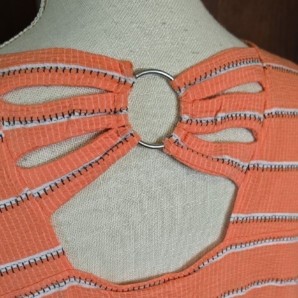 Studio JPR Orange Striped V Neck Back Ring Detail 3/4 Sleeve Top Women's L - Picture 5 of 6